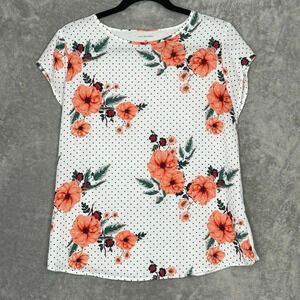 Van Heusen M Medium Shirt‎ Top White Coral Pink Floral Short Sleeve Round Neck